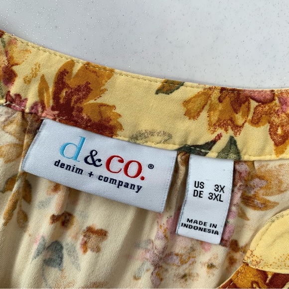 D & Co Top Woman 3X Yellow Floral  Pop Over Lightweight 3/4 Sleeve Casual Work - Picture 6 of 10